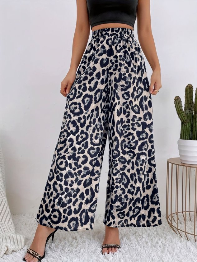 Women Leopard Long Elastic Waist Pants Vintage Spring/Fall Trousers