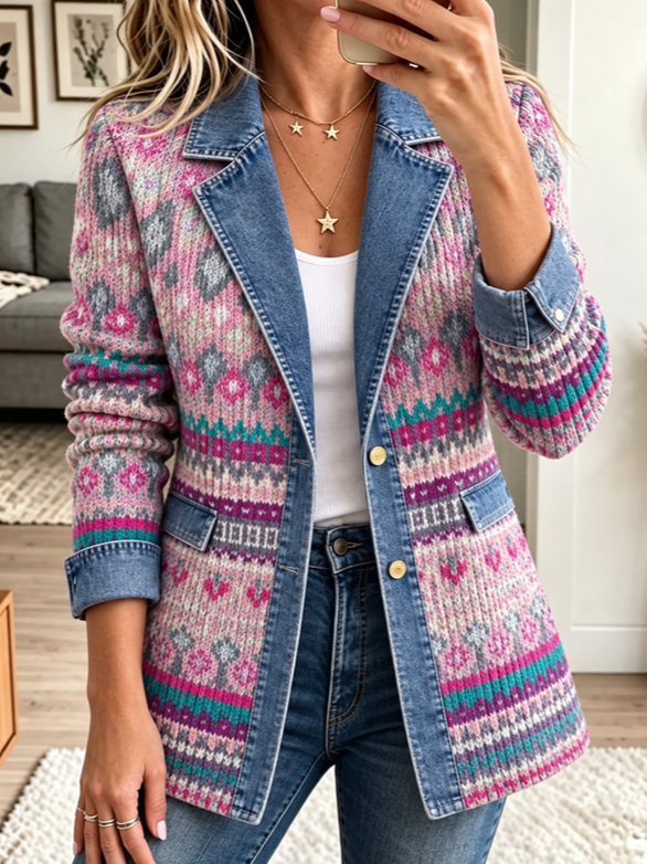 Women Spring/Fall Outerwear Casual Geometric Long Sleeve Lapel Collar Jacket
