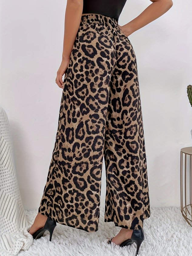 Women Leopard Long Elastic Waist Pants Vintage Spring/Fall Trousers