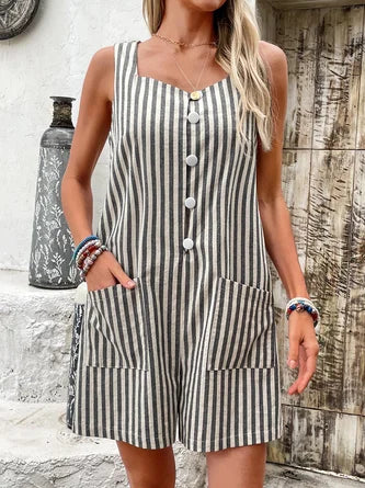 Women Sleeveless Square Neck Loose Shorts Daily Casual Striped Natural Overall Bib Pants