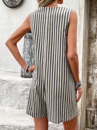 Women Sleeveless Square Neck Loose Shorts Daily Casual Striped Natural Overall Bib Pants