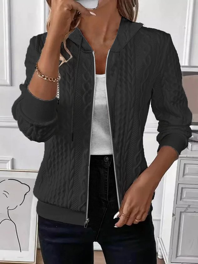 Women Spring/Fall Outerwear Vintage Jacquard Plain Long Sleeve Hoodie Jacket