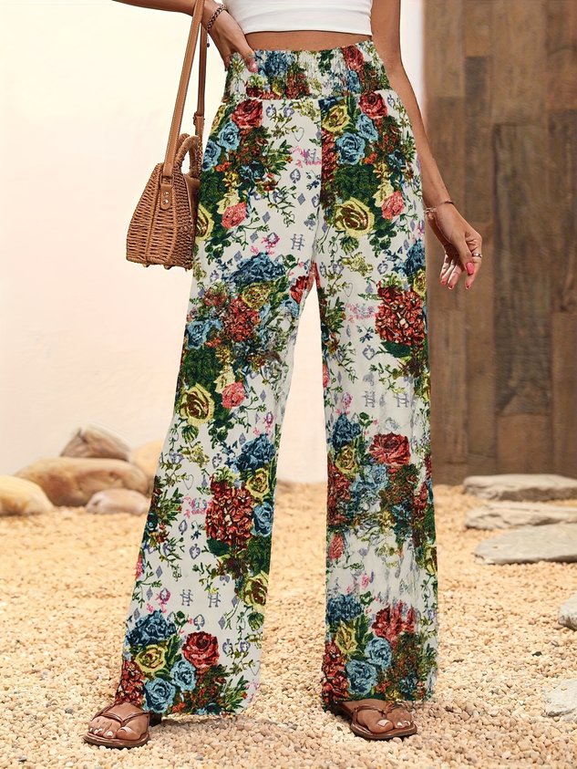 Women Geometric Long Elastic Waist Pants Casual Spring/Fall Trousers