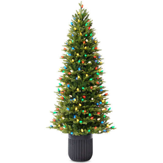 Prelit Potted Pencil Christmas Tree w/ Twinkling C7 Lights
