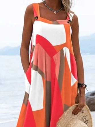 Women Gallus Square Neck Regular Fit Long Daily Casual Multicolor Block Natural Tank Jumpsuit