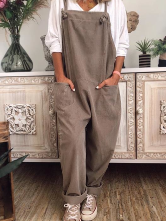 Women Sleeveless Square Neck Long Daily Casual Plain Natural Cami Jumpsuits