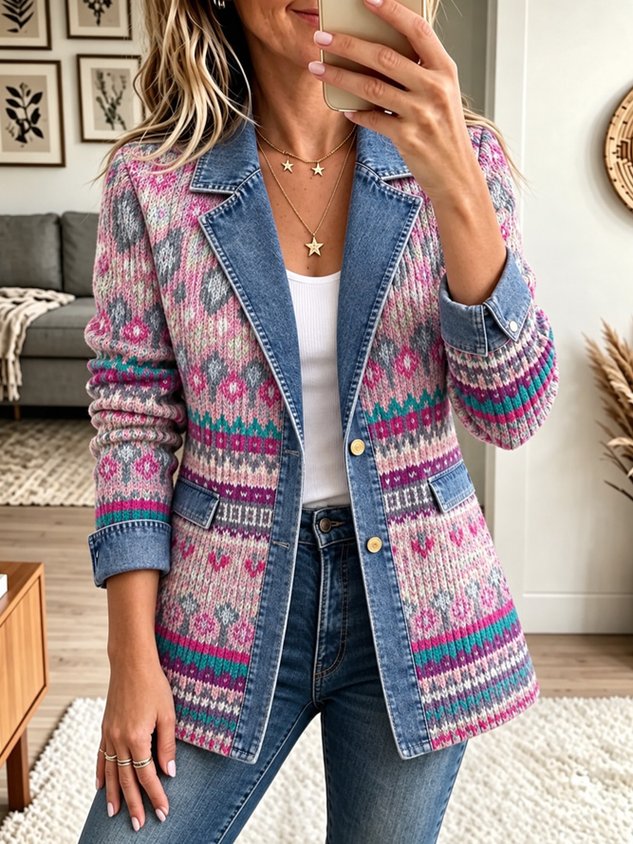 Women Spring/Fall Outerwear Casual Geometric Long Sleeve Lapel Collar Jacket