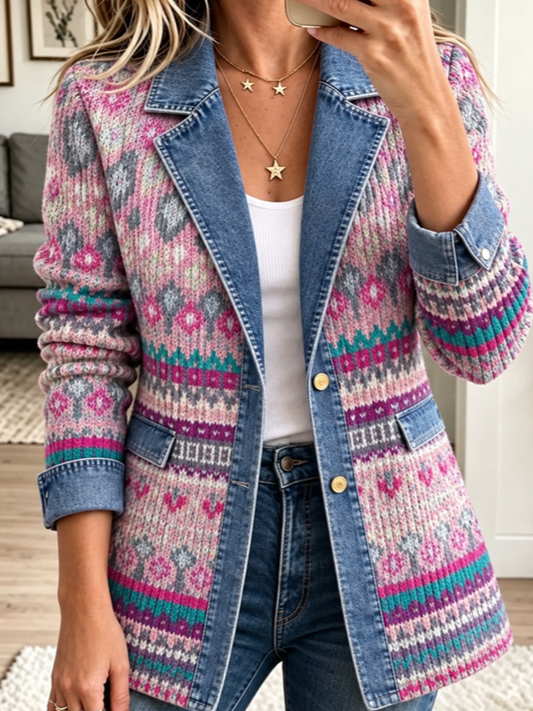 Women Spring/Fall Outerwear Casual Geometric Long Sleeve Lapel Collar Jacket